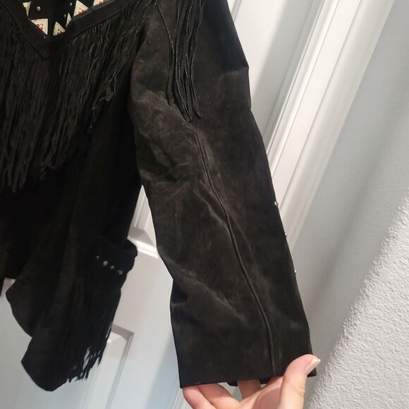 Black Western Suede Leather Fringe Jacket Embroidered Roamans Womens  Sz 18W - Picture 10 of 14